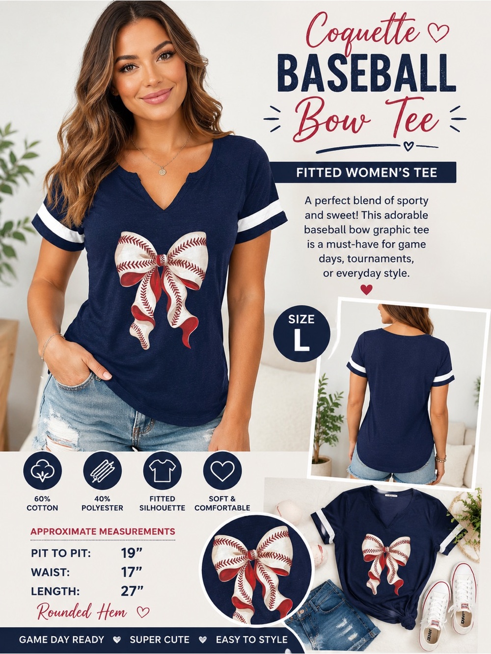Coquette Baseball Bow Graphic Tee – Women's Large